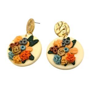 Pierced Earrings Floral Polymer Clay Round Dangle Multicolor Vintage Style